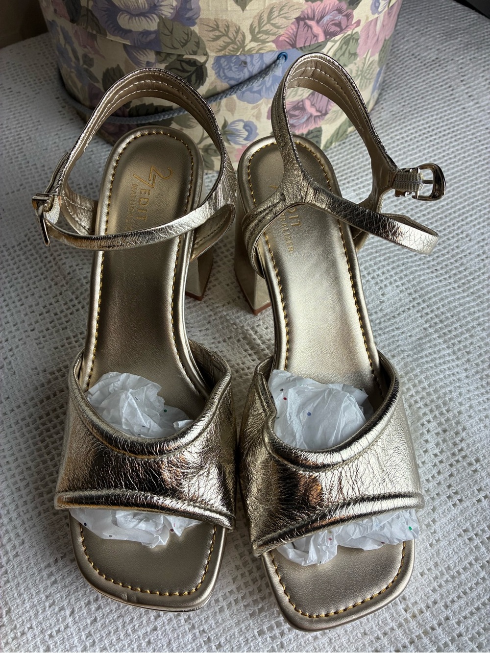 27 EDIT Metallic Gold Slingback Block Heel Sandals